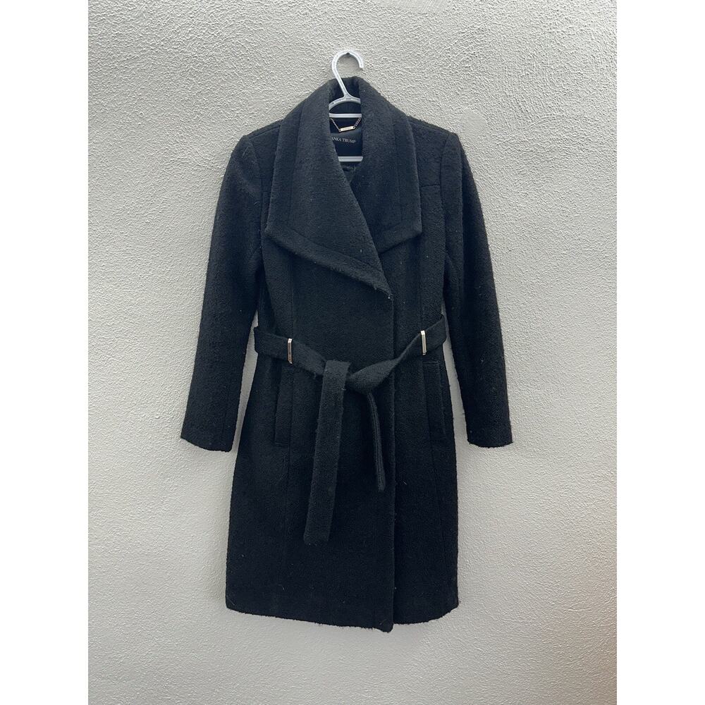 Ivanka Trump Womens Coat Size 4 Black Boucle Wool Blend Double Breasted Belted